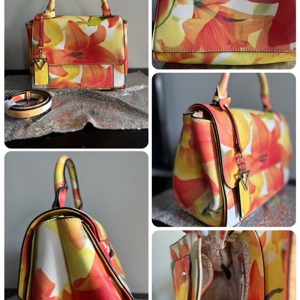 Guess Vibrant Floral Satchel with Orange and Yellow Accents